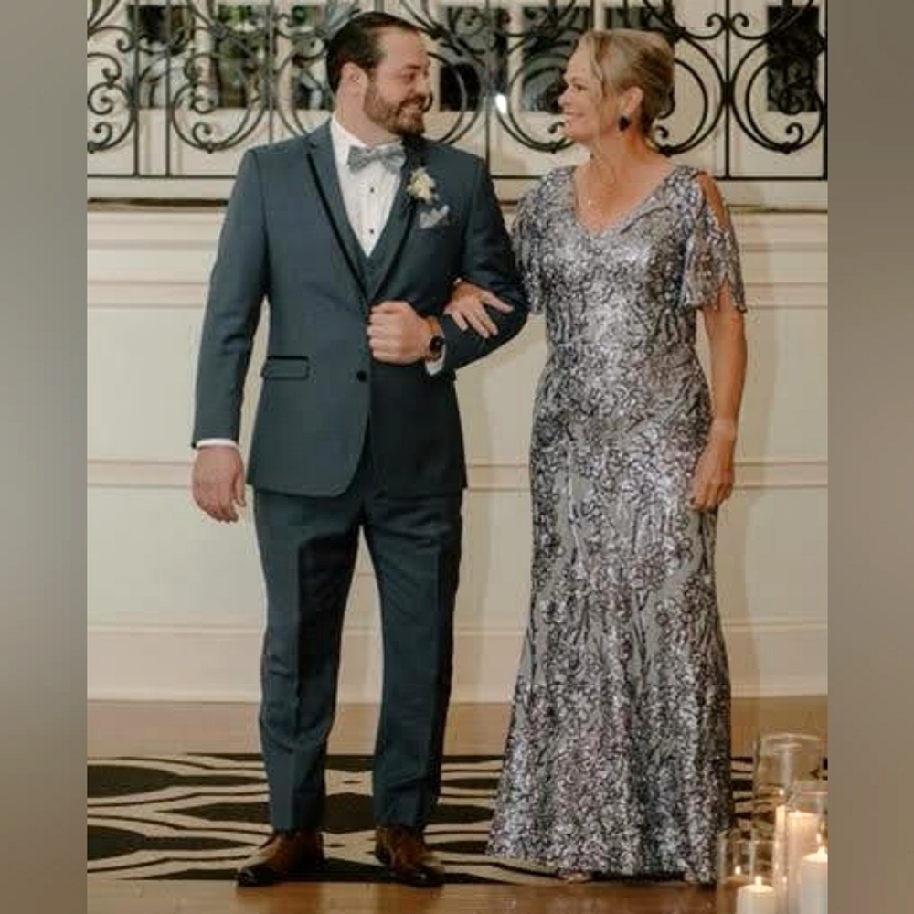 Sequin embellished, floral-embroidered stretch lace gown